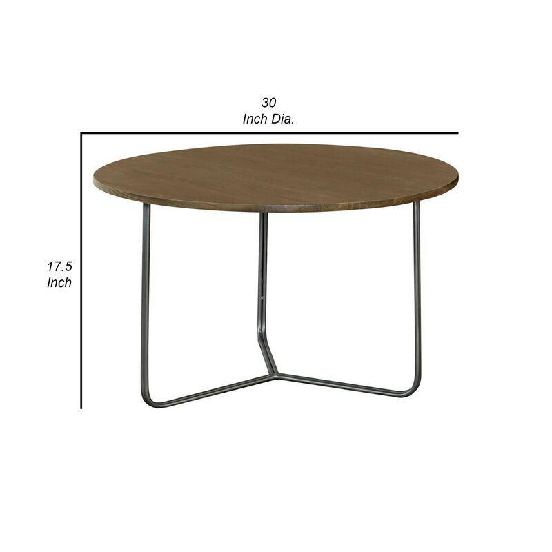 30 Inch Wood Round Accent Coffee Table with Triangular Base, Brown, Black - Benzara