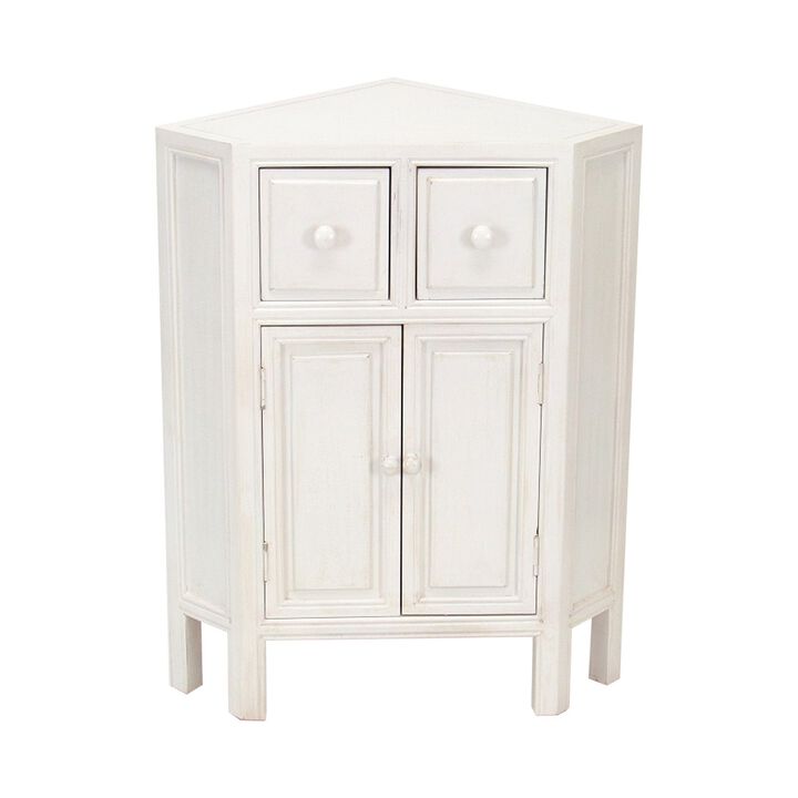 Wooden Corner Cabinet with 2 Drawers and 2 Doors, White - Benzara