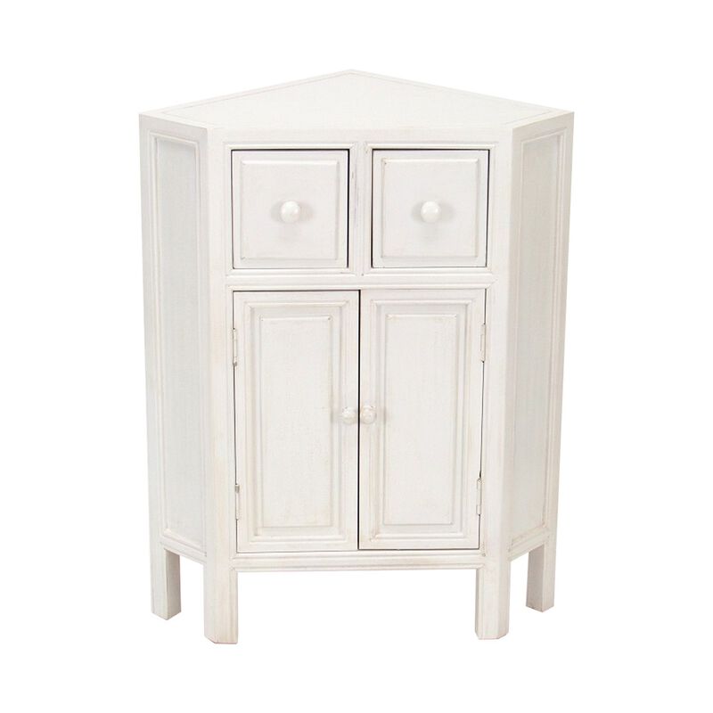 Wooden Corner Cabinet with 2 Drawers and 2 Doors, White - Benzara