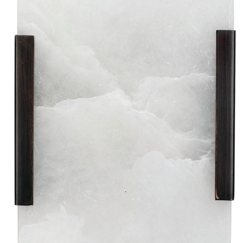 Ela 13 Inch Wall Sconce, Oblong Alabaster Shade, Sturdy Black Steel Plate-Benzara