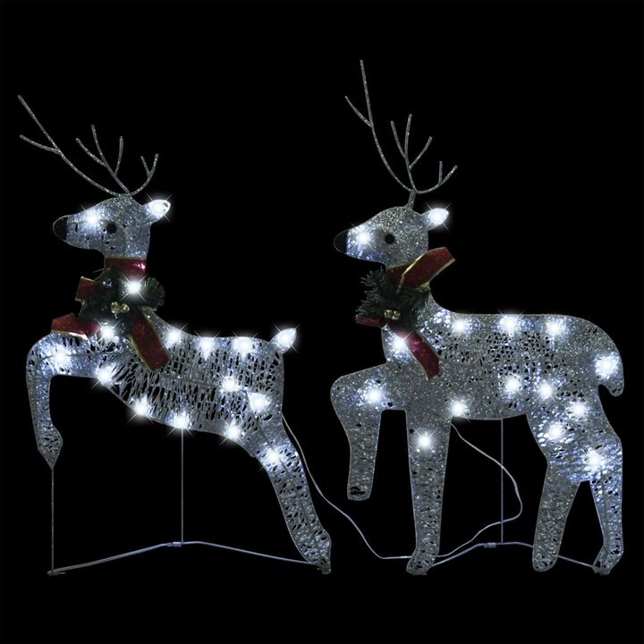 7pc Outdoor 140 LED Light Christmas Reindeer and Sleigh, Silver - Benzara