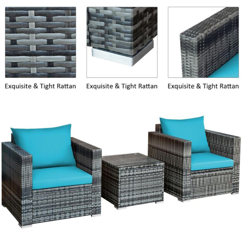 Hivvago 3 Pieces Patio Rattan Furniture Bistro Sofa Set with Cushioned