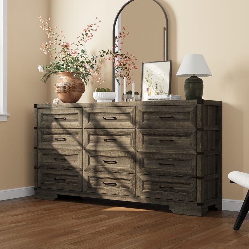 FUFU&GAGA 12-Drawer Dresser, Wood Storage Cabinet, Large dresser for Bedroom, Living Room, Hallway (63.4" W x 31.5" H x 15.4" D), Grey