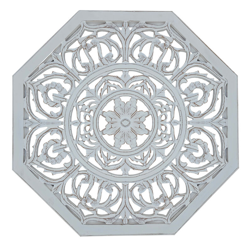 Nesting Coffee Tables, Set of 2, Handcrafted Carved Cut Out Floral Motifs, Antique White and Gray - Benzara