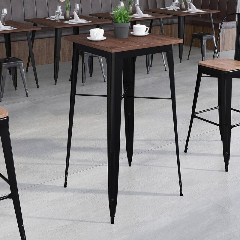 Flash Furniture Prince 23.5" Square Black Metal Indoor Bar Height Table with Walnut Rustic Wood Top