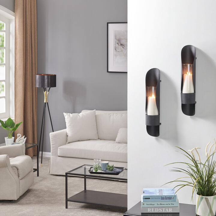 Wall Mount Hugging Metal Candle Sconces with Glass Inserts - (Set of 2) - Black