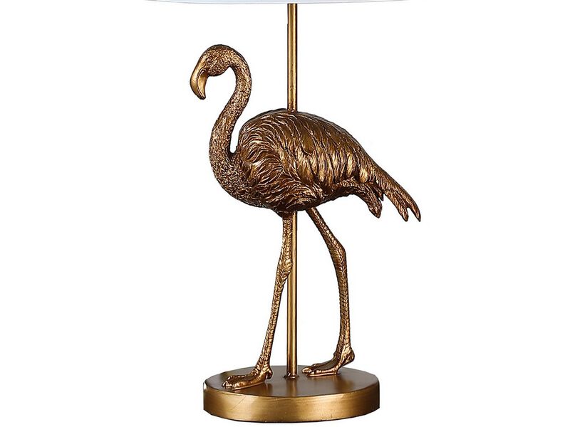 Polyresin Standing Flamingo Design Table Lamp with Round Base, Gold - Benzara