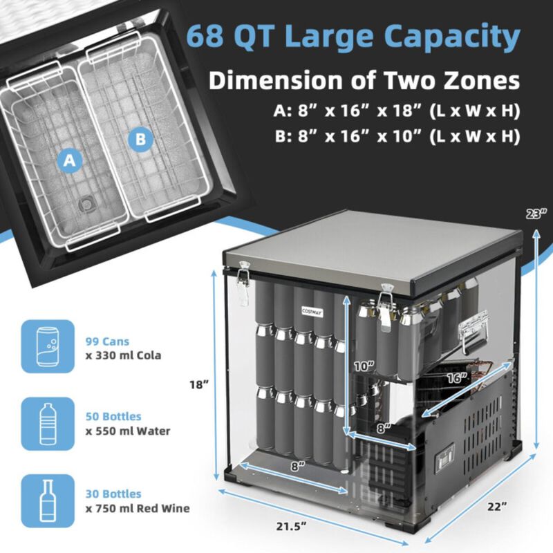 Hivvago 68 Quart Portable Car Refrigerator with DC and AC Adapter