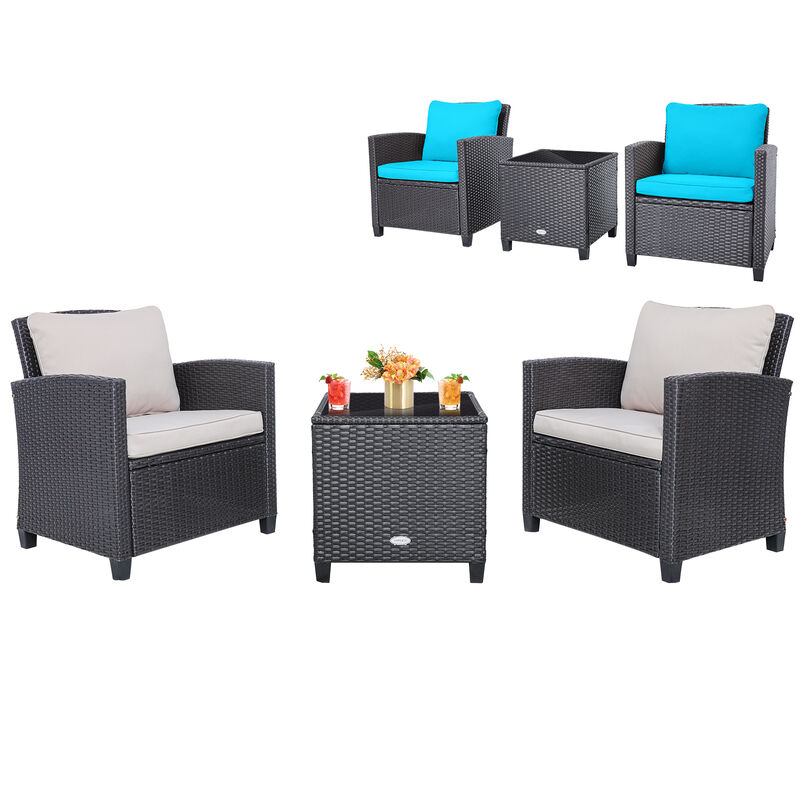 3 Pcs Patio Rattan Furniture Set Cushioned Conversation Set Coffee Table