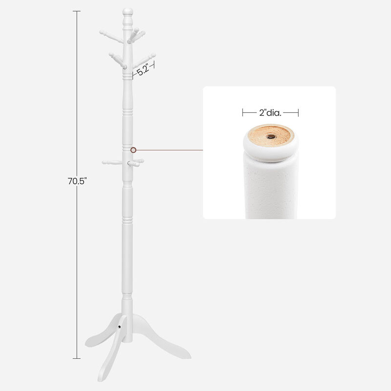 Solid Wood Coat Rack Stand with 10 Hooks - Freestanding Hall Tree