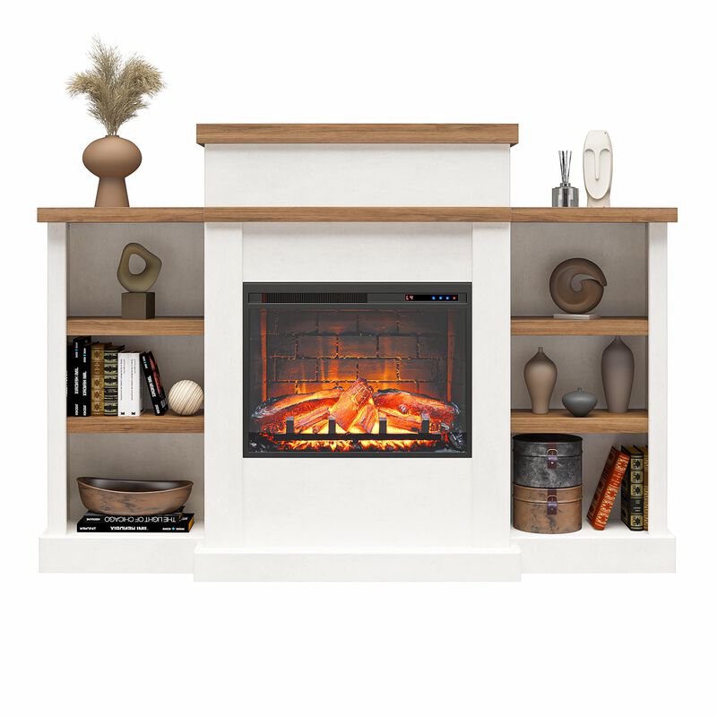 Gateswood Electric Fireplace with Mantel and Bookcase, Plaster and Walnut