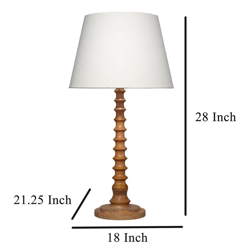 Dio 31 Inch Table Lamp, White Slub Drum Shade, Brown Turned Wood Base - Benzara