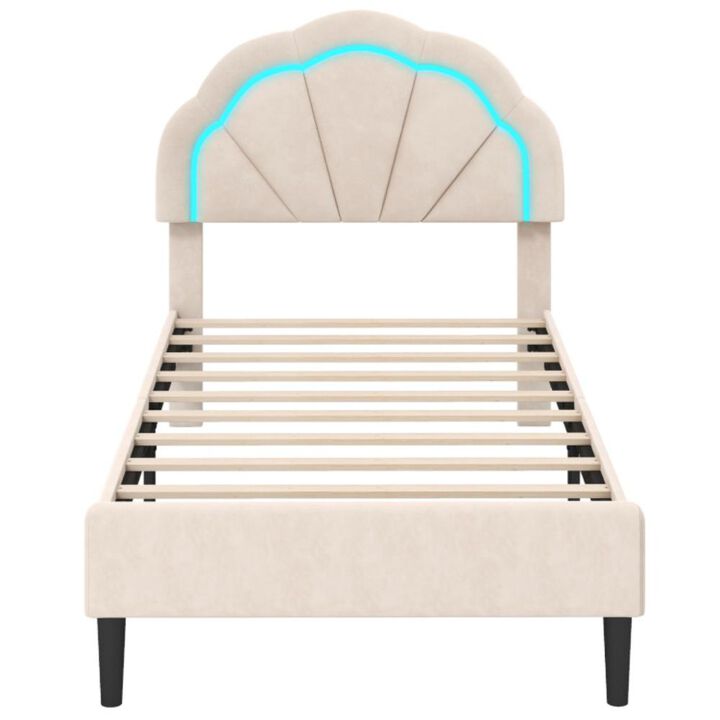 Hivvago Upholstered LED Bed Frame with Adjustable Flower Headboard and Metal Support Feet