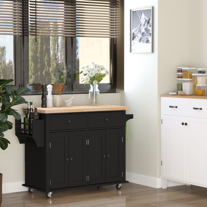 Black Kitchen Island: Cart with Varnished Rubberwood Top and Casters