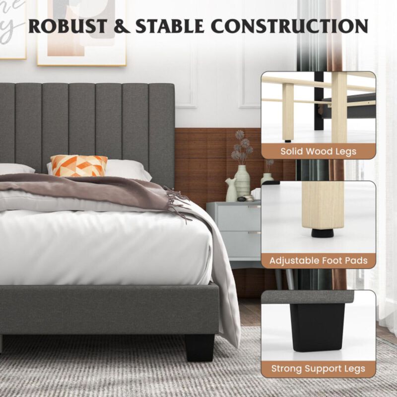 Hivvago Queen Size Upholstered Bed Frame with Vertical Channel Tufted Headboard Gray