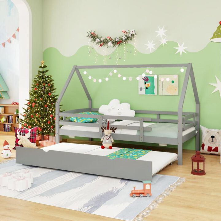 Hivvago Twin House Bed with Trundle and Fence Rail
