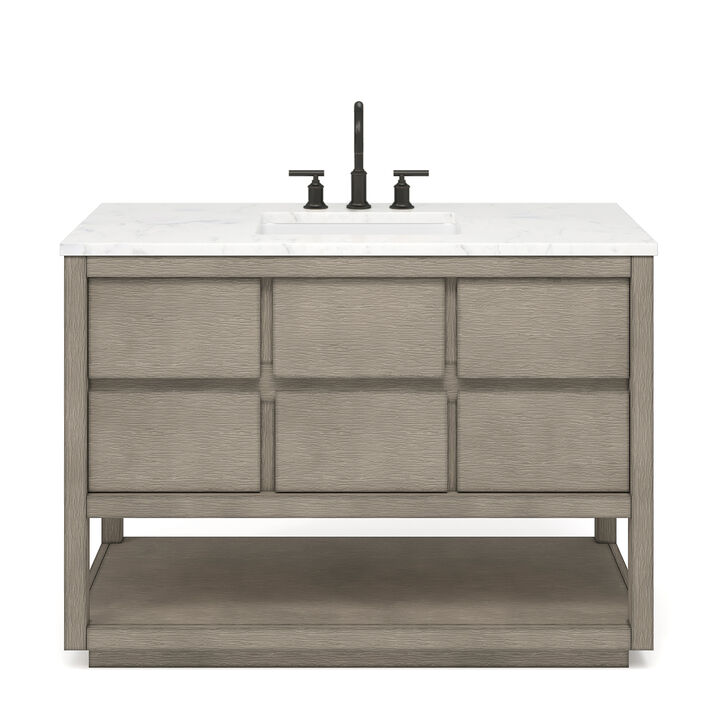 Oakman 48 In. Single Sink Carrara White Marble Countertop Bath Vanity in Grey Oak