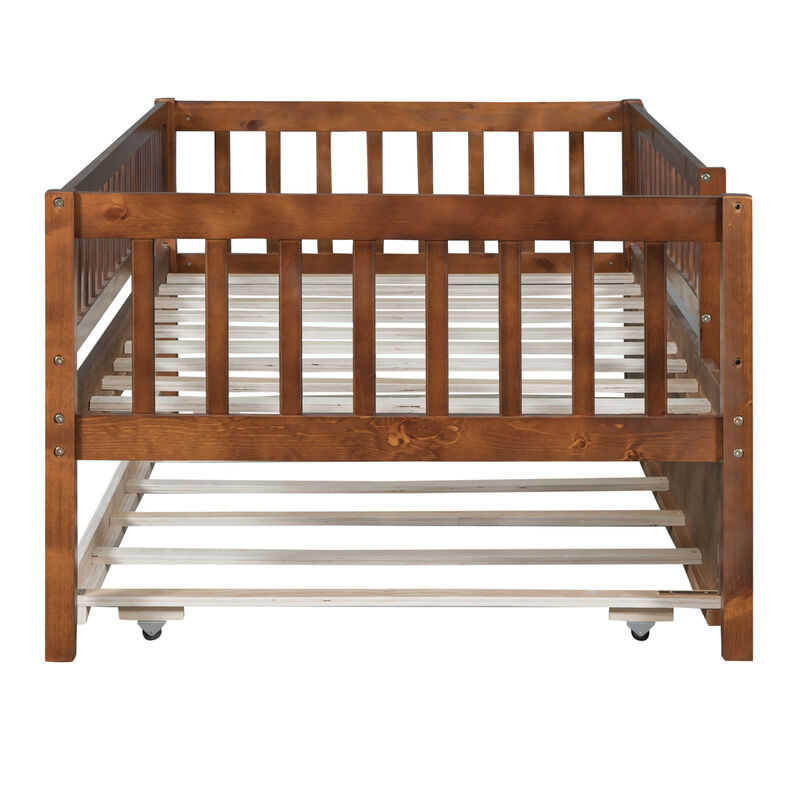 Twin Size Wood Daybed With Trundle And Fence Guardrails