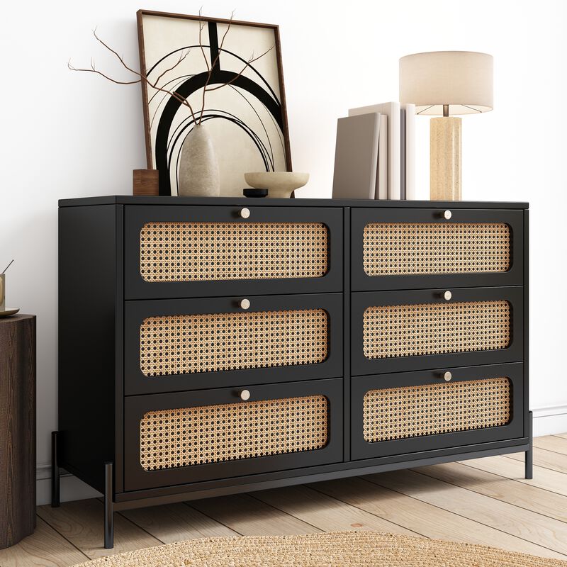 Merax Modern Rattan Wood Closet 6-Drawer Dresser