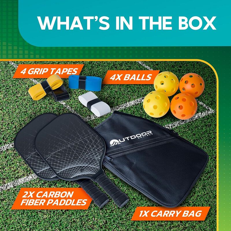 Outdoor Cruiser Pickleball Racket Set - Carbon Fiber USAPA Approved Lightweight Paddles with Polypropylene Honeycomb Core, Skill Levels, Includes 2 Rackets, a Sling Bag, 4 Balls, and 4 Grip Tapes