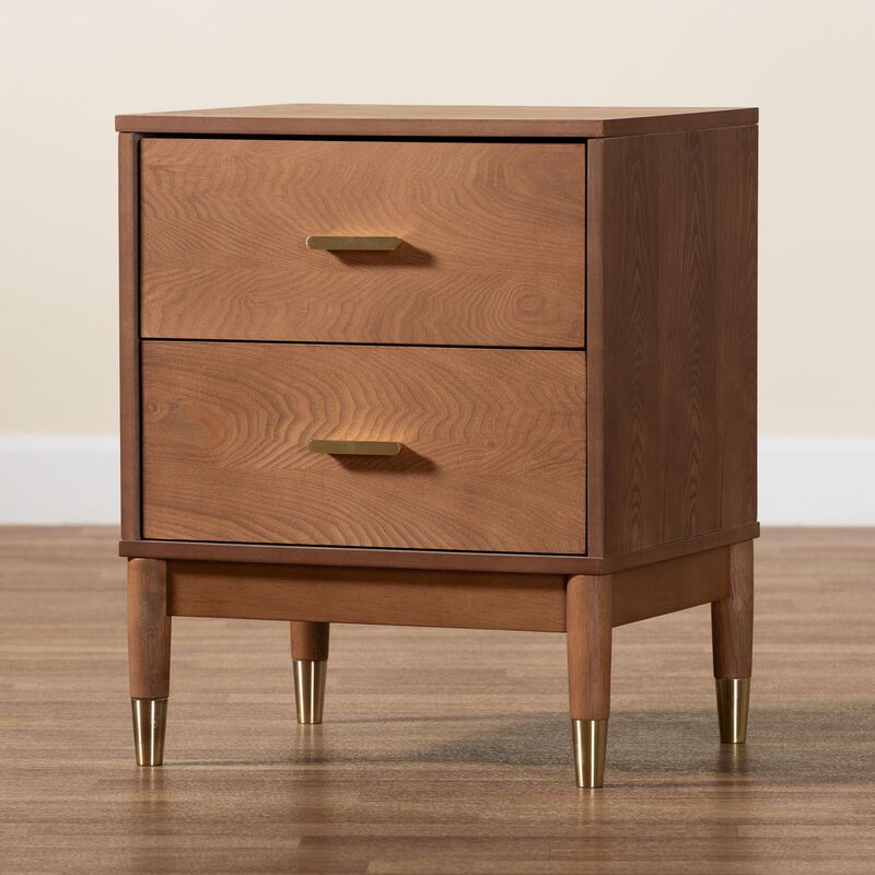 Baxton Studio Mandolin Mid Century Ash Walnut Wood 2 Drawer Nightstand