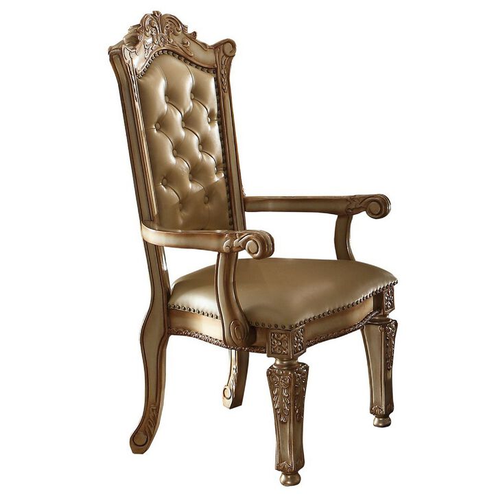 27 Inch Wood Dining Side Chair, Faux Leather, Set of 2, Gold-Benzara
