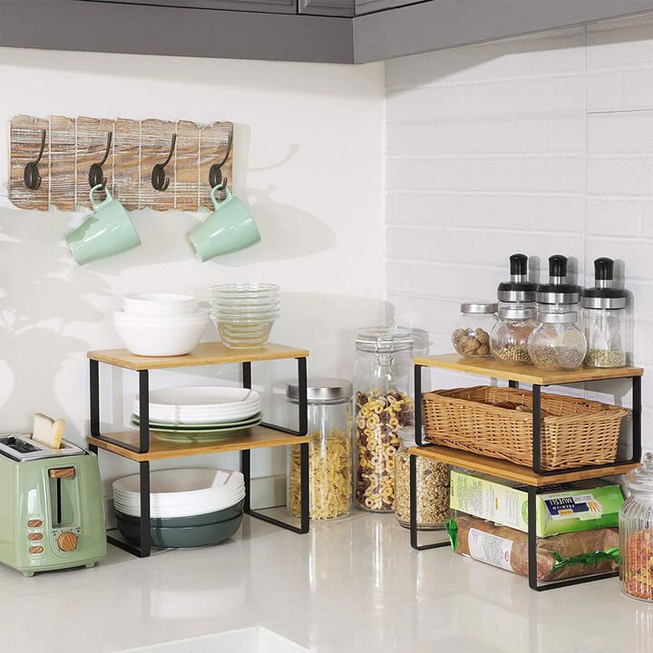 Set of 4 Stackable Cabinet Shelf Organizers - Metal and Particleboard Kitchen Counter Shelves, Expandable