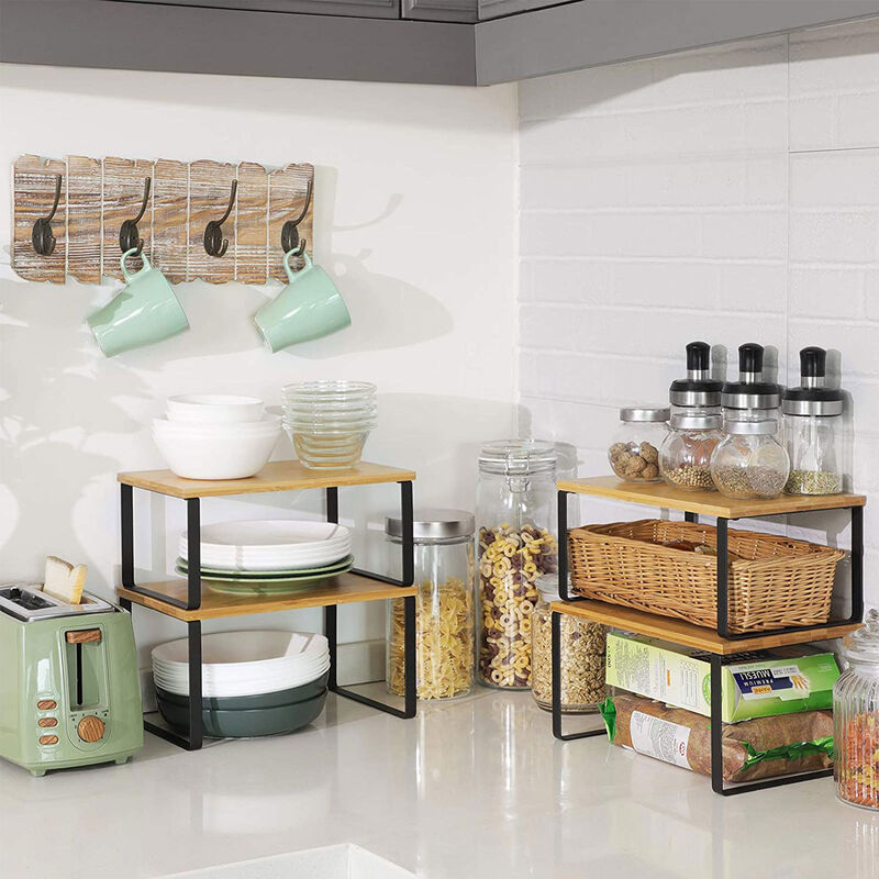 Set of 4 Stackable Cabinet Shelf Organizers - Metal and Particleboard Kitchen Counter Shelves, Expandable