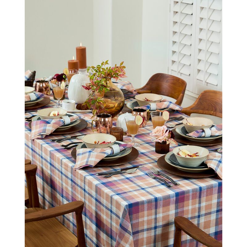 Solino Home 100% Pure Linen Table Throw 52 x 52 Inch | Fall Flavors Madras for Thanksgiving, Christmas