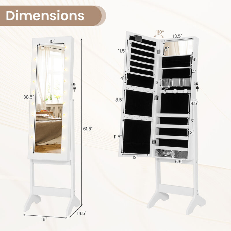 Mirror Jewelry Cabinet with 20 LED Warm Lights and 4 Adjustable Tilt Angles