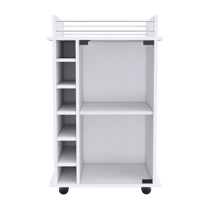 DEPOT E-SHOP Huali Bar Cart, Six Built-in Wine Rack, Glass Door, Four Casters, Two Shelves, White