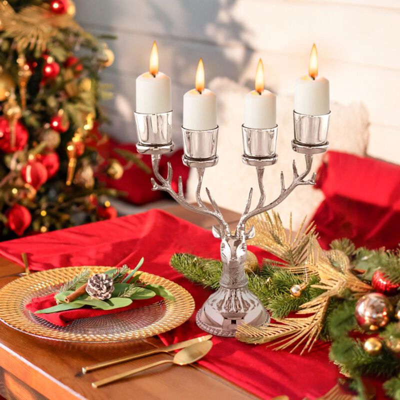 Hivvago Reindeer Candle Holder Christmas Ornament for 4 Candles Aluminum Decoration-Silver
