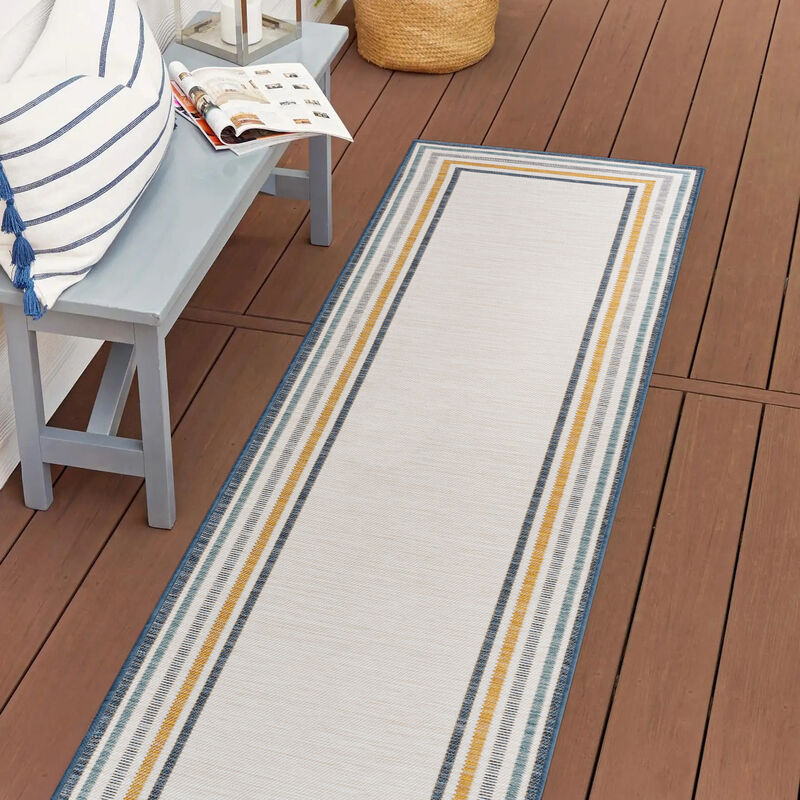 Coastal Mitred Stripe Reversible Machine-Washable Cream/Navy 2x8 Indoor/Outdoor Runner Rug