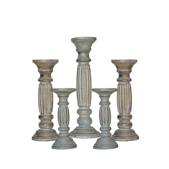 Traditional Antique Dusk Eco-friendly Handmade Mango Wood Set Of Five 9",12",15",12" & 9" Pillar Candle Holder