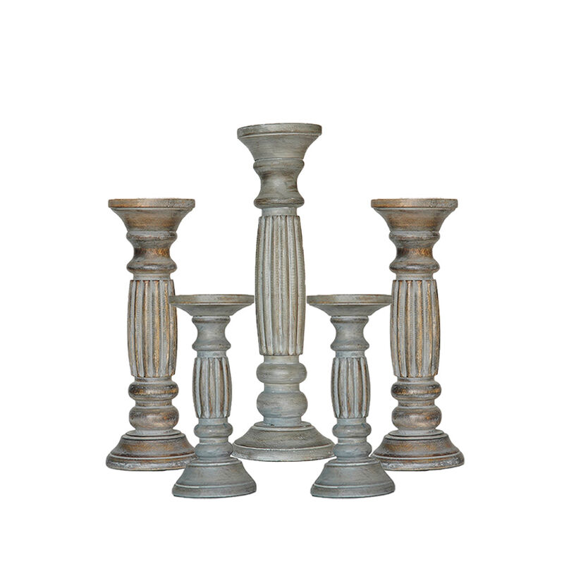 Traditional Antique Dusk Eco-friendly Handmade Mango Wood Set Of Five 9",12",15",12" & 9" Pillar Candle Holder