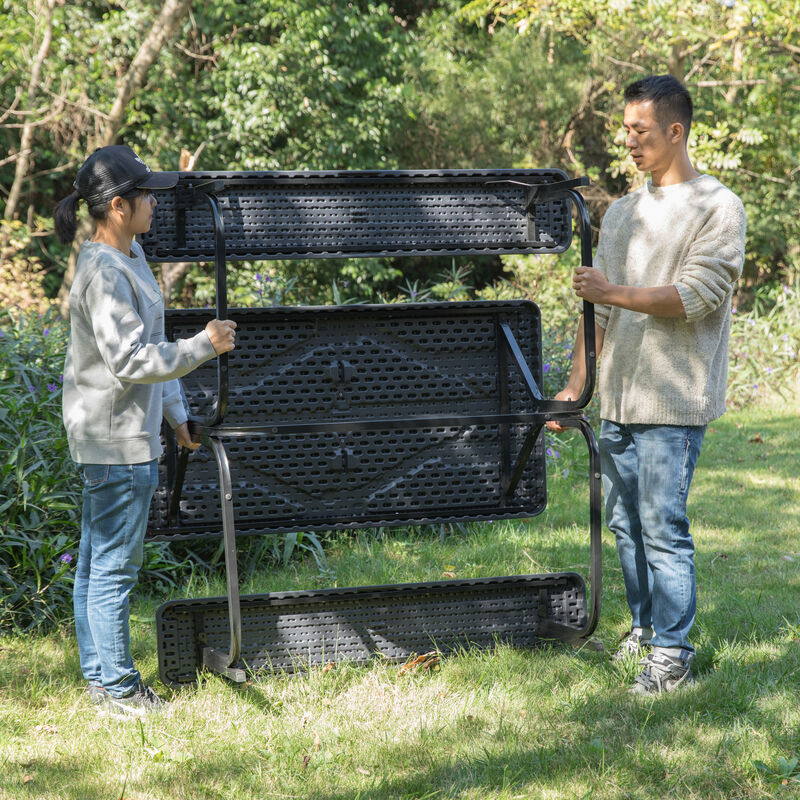 Outdoor Gray Woodgrain Picnic Table Set with Metal Frame, 5 Feet Long