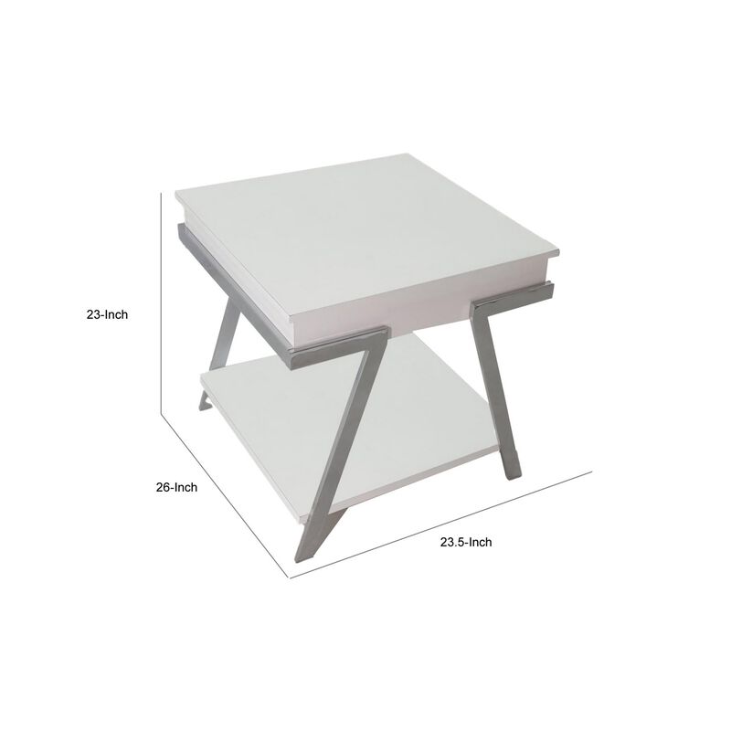 Casey 26 Inch End Table, Chrome Angled Metal Frame, Square Glossy White Top - Benzara