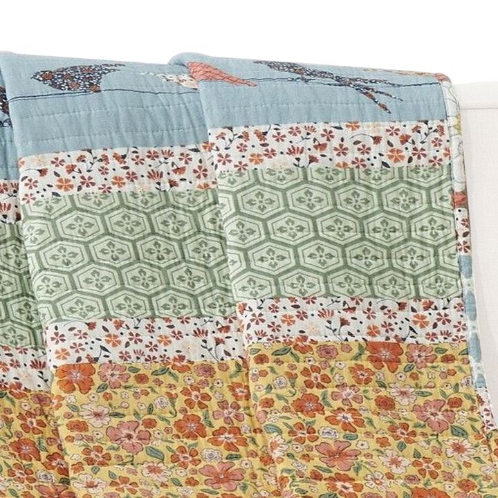 Nite 50 x 60 Quilted Throw Blanket with Fill, Floral, Striped, Multicolor - Benzara