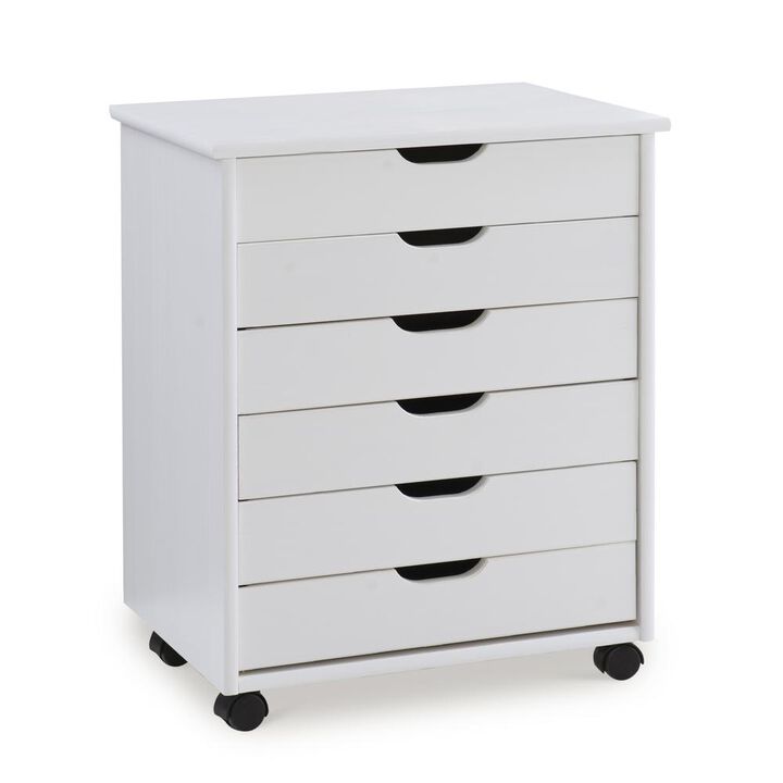 Linon Cary Six Drawer Wide Roll Cart, White Wash