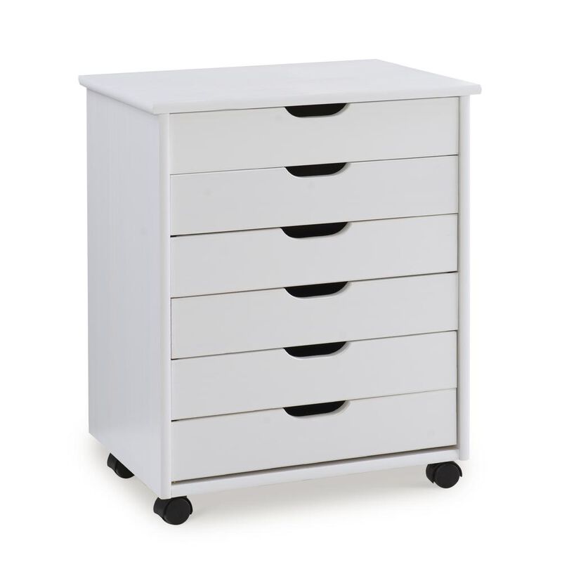 Linon Cary Six Drawer Wide Roll Cart, White Wash