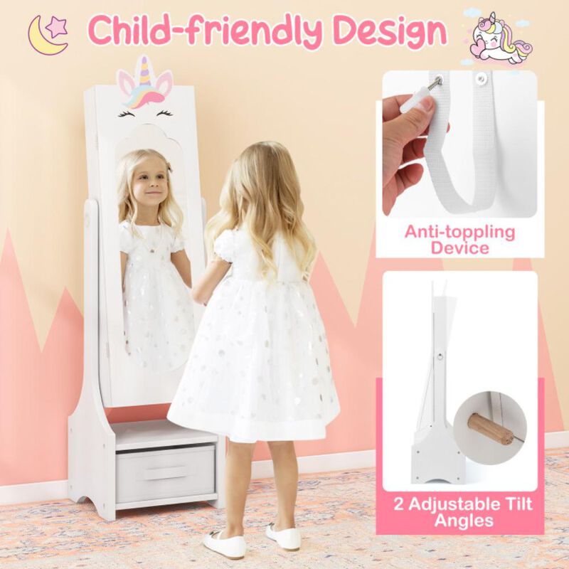 Hivvago Kids Jewelry Cabinet with Full-Length Mirror for Kids Bedroom and Playroom