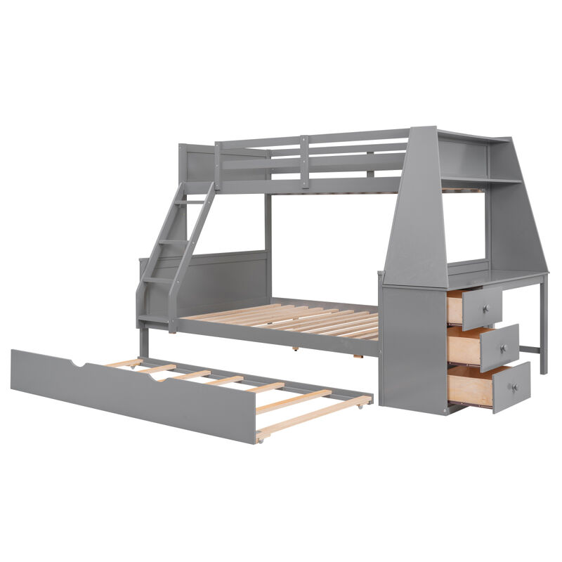 Twin Over Full Bunk Bed With Trundle And Built-In Desk, Three Storage Drawers And Shelf