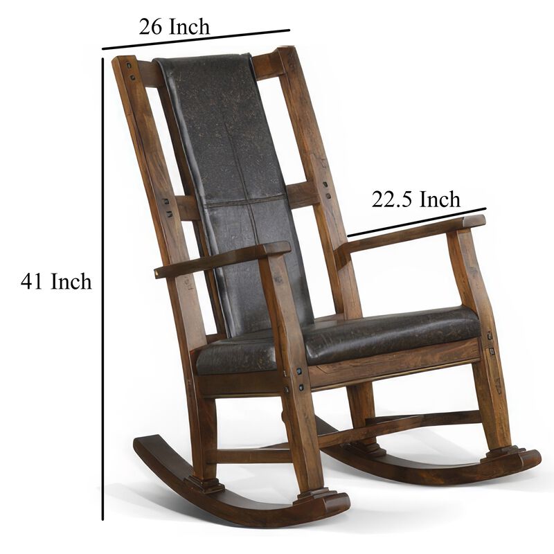 Jenne Rocking Chair, Faux Leather Seat and Back, Antique Dark Brown - Benzara