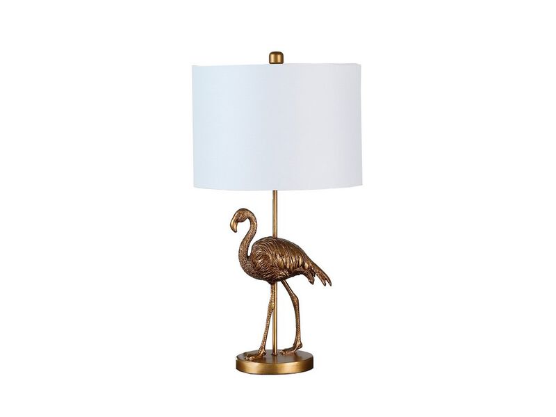 Polyresin Standing Flamingo Design Table Lamp with Round Base, Gold - Benzara