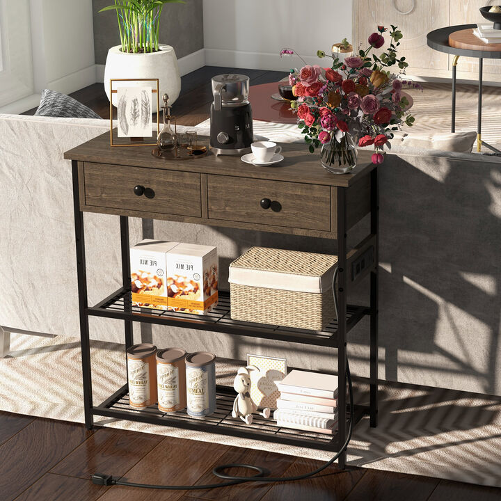 Narrow Console Table with 2 Drawers and 2 Metal Mesh Shelves