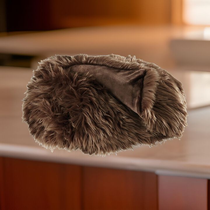 Throw Blanket Set of 3, Modern Soft Faux Fur Textured Brown Polyester - Benzara
