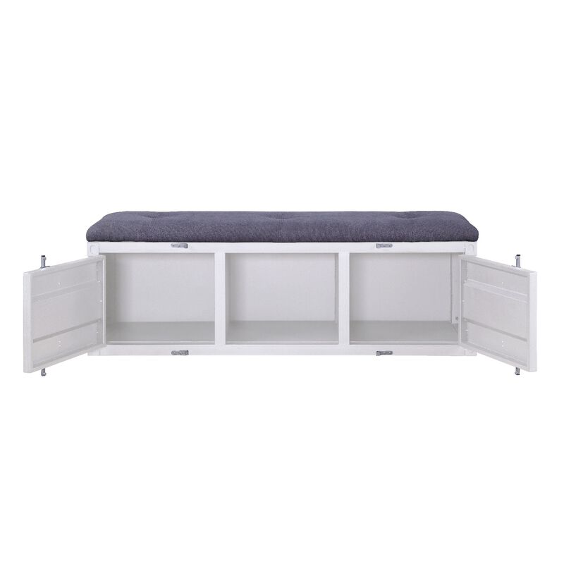 Metal Bench with Open Storage and Tufted Fabric Seat, White and Gray-Benzara