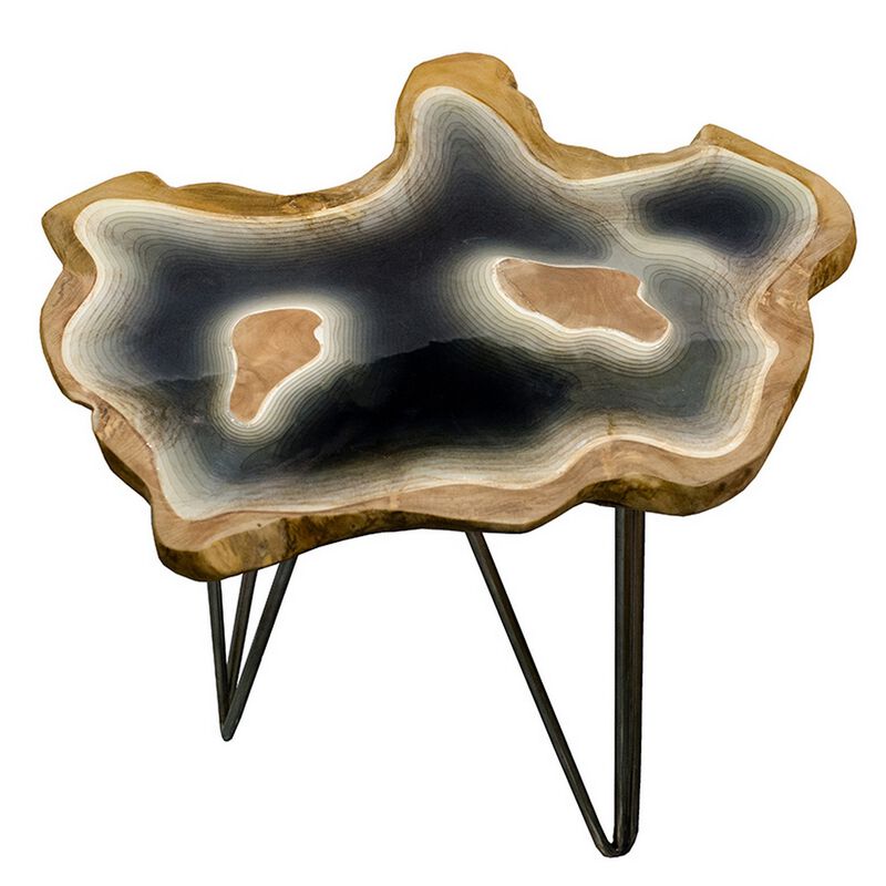 20 Inch Side Accent Table, Natural Edges, Hairpin Legs, Gray Resin, Brown - Benzara