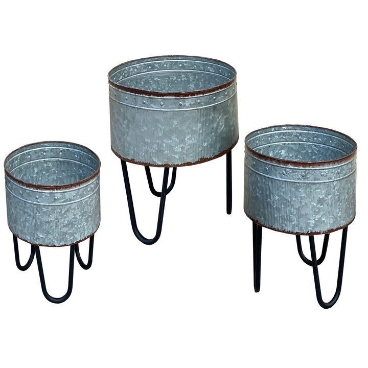 Galvanized Sheet Planter Tubs, Iron Powder Coated Hairpin Legs, Set of 3, Gray, Black-Benzara