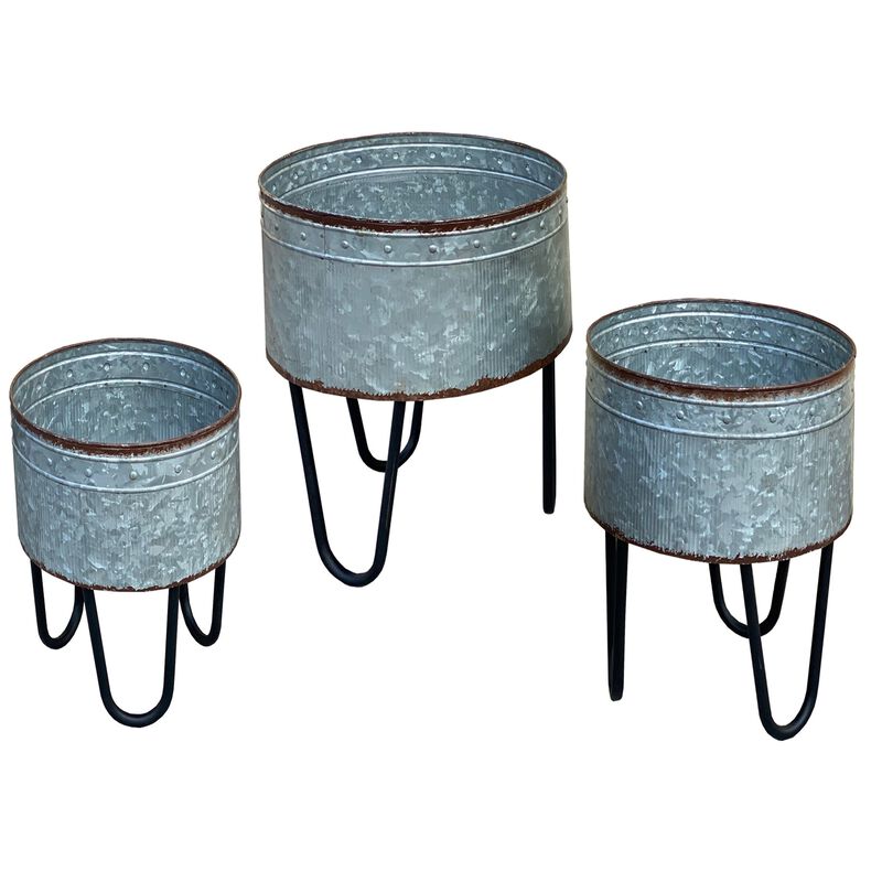 Galvanized Sheet Planter Tubs, Iron Powder Coated Hairpin Legs, Set of 3, Gray, Black-Benzara